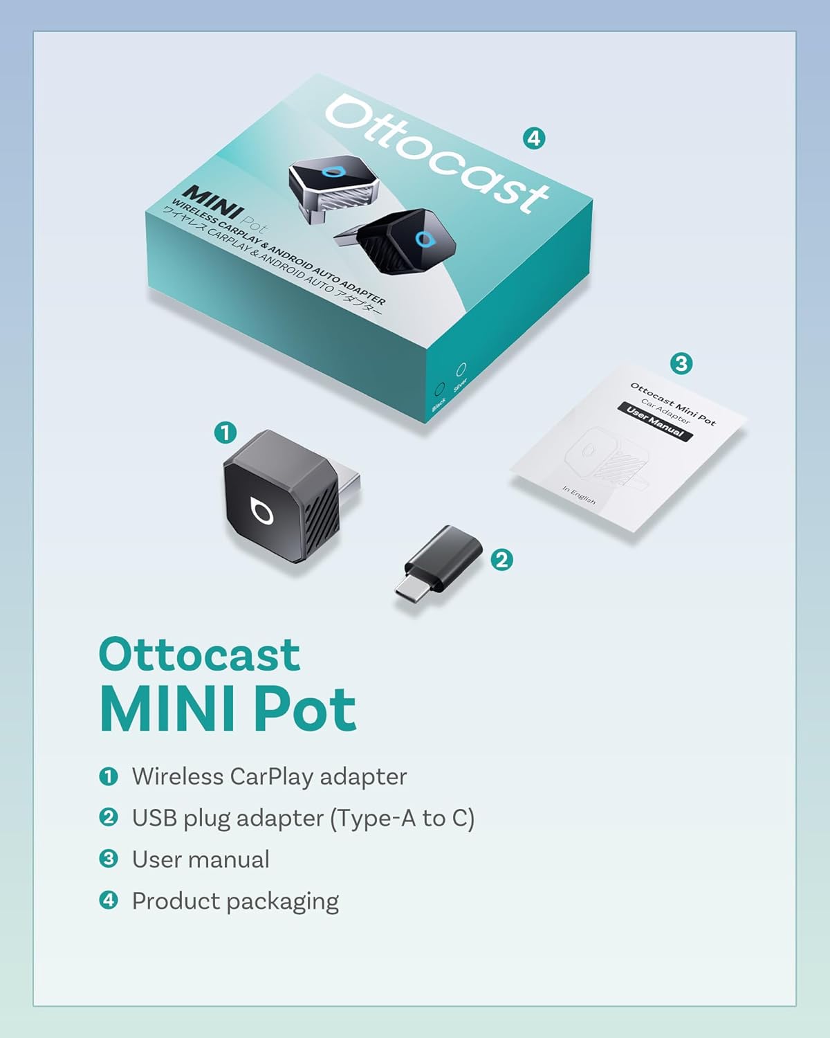 Contents of the OTTOCAST Mini Pot box, including the wireless adapter, USB-C adapter, and user manual.