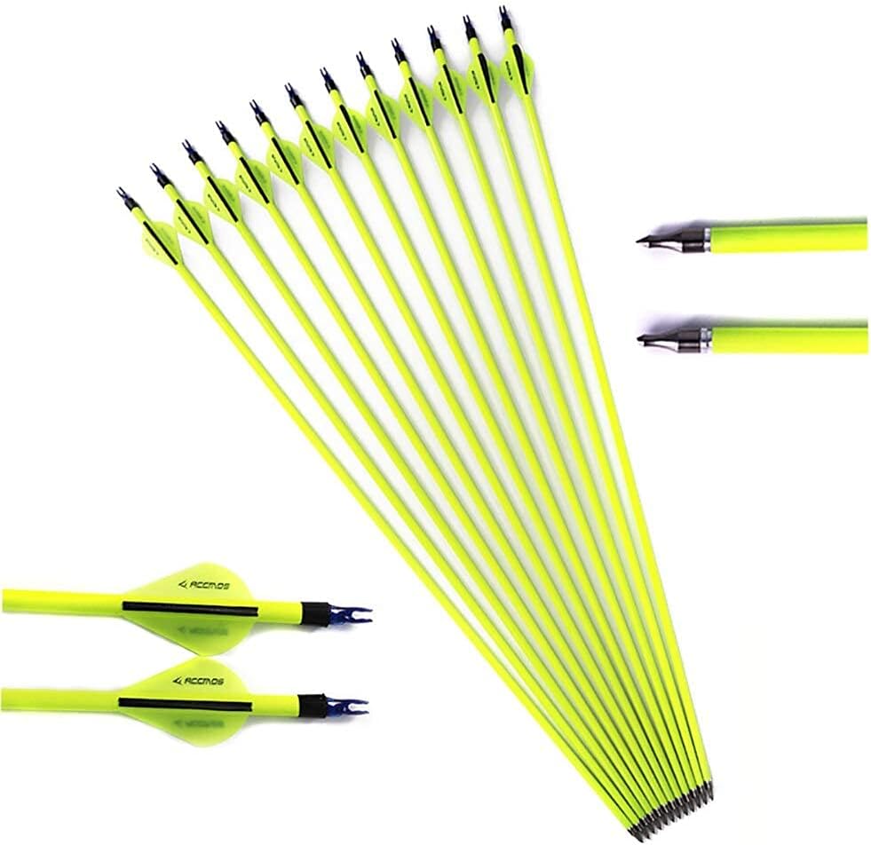 ACCMOS 500 Spine Arrow 24 Inch Arrow Target Practice Arrow Hunting Arrow Carbon Arrows Compound Bow Recurve Bow Adult Youth Archery Indoor Outdoor Shooting Field Tip 12pc Yellow, Style 3
