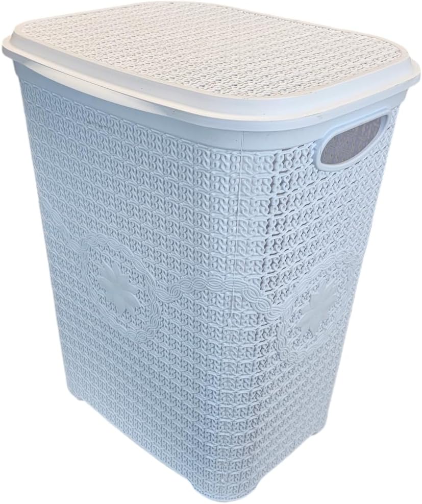 โ Best House | Plastic Laundry Basket | WHITE | 65 Litres | Large | Knitted/Rattan Style | Laundry Storage Basket with Lid | Clothes Storage Washing Bin Basket Hamper for Bathroom Bedroom (Pack of 1)
