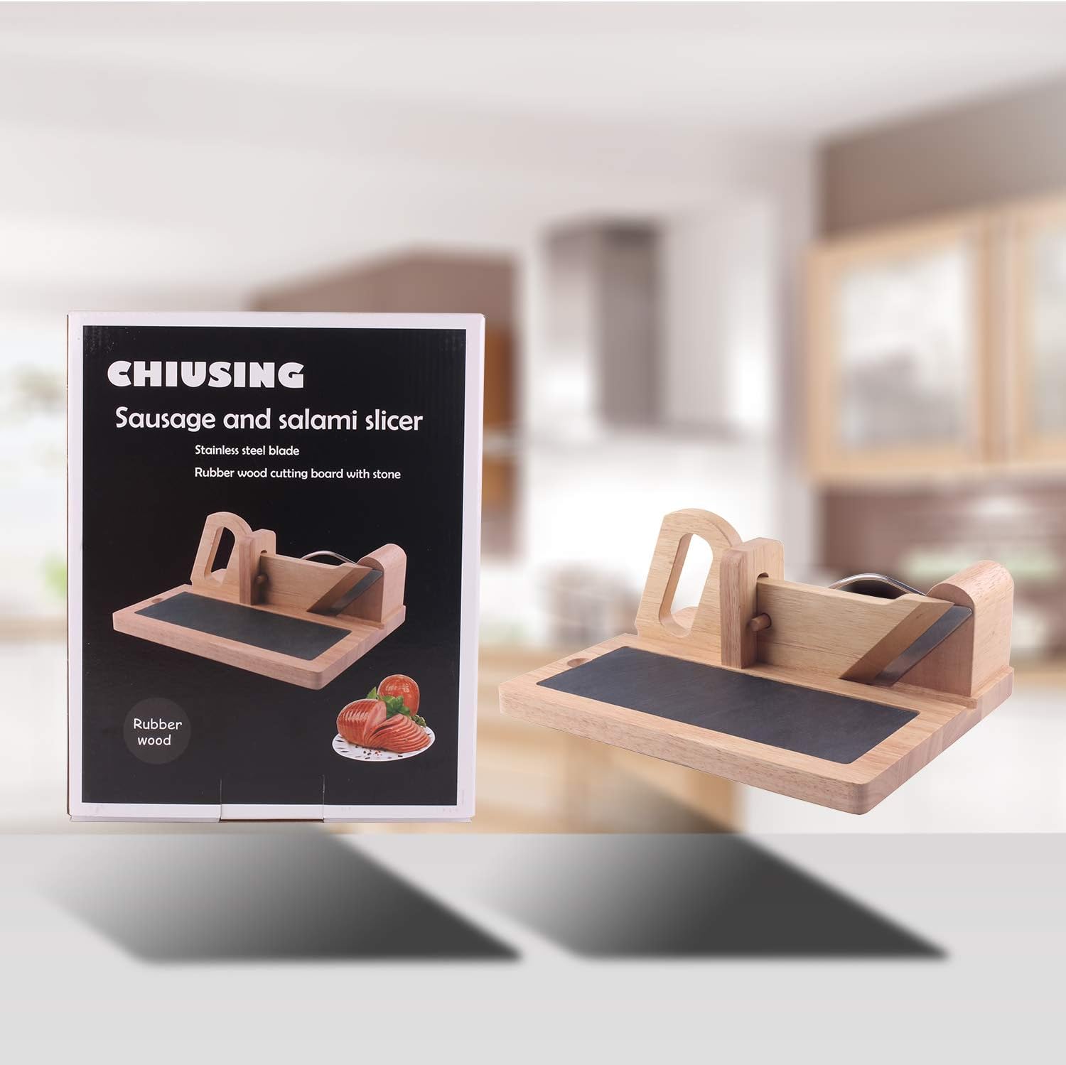Sausage cutter CHIUSING Premium Sausage Salami Guillotine Slicer- Rustic Wooden Design & Sharp Stainless Steel Blade For Slicing Chorizo, Pepperoni & More Dried Meat Delicacies with child saft lock