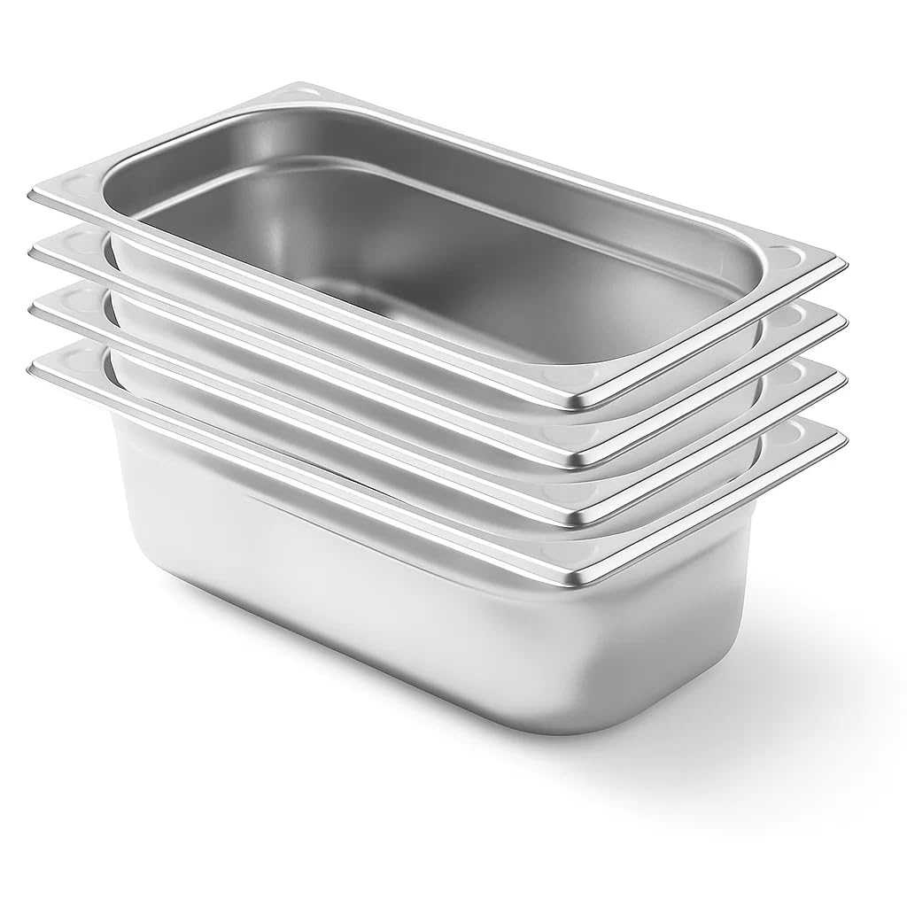 Lot de 4 Bacs Gastronorme GN 1/3 en Inox 201 – Bacs Gastro Professionnels pour Restauration, Cuisine Collective, Traiteur et Hôtel (100 mm 4 L)