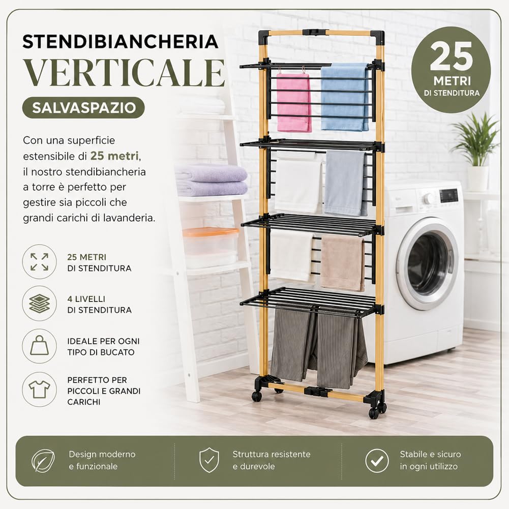 BAKAJI Stendibiancheria a Torre Pieghevole con Chiusura Salvaspazio, Stendino con Ruote Verticale Multilivello per Asciugatura Omogenea, Struttura Resistente e Stabile Effetto Legno (4 Ripiani)