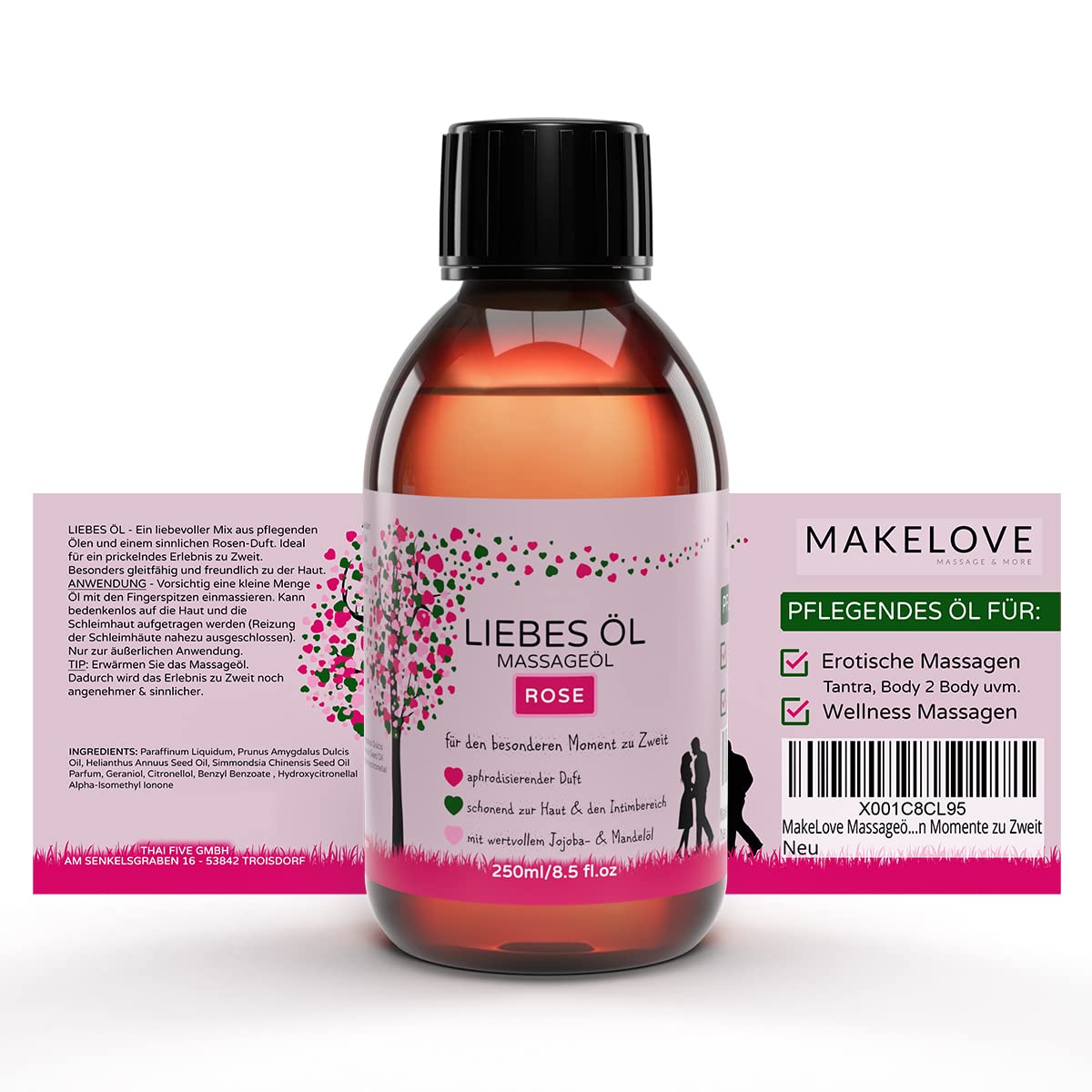 MakeLove Massageöl Set 5 x 250ml - Liebesöl für Erotische Partnermassage | Neutral, Rose, Jasmin, Ylang Ylang & Kokos. Hautfreundliches Erotik-Öl sowie Gleitöl zur Tantra-Anwendung zu zweit