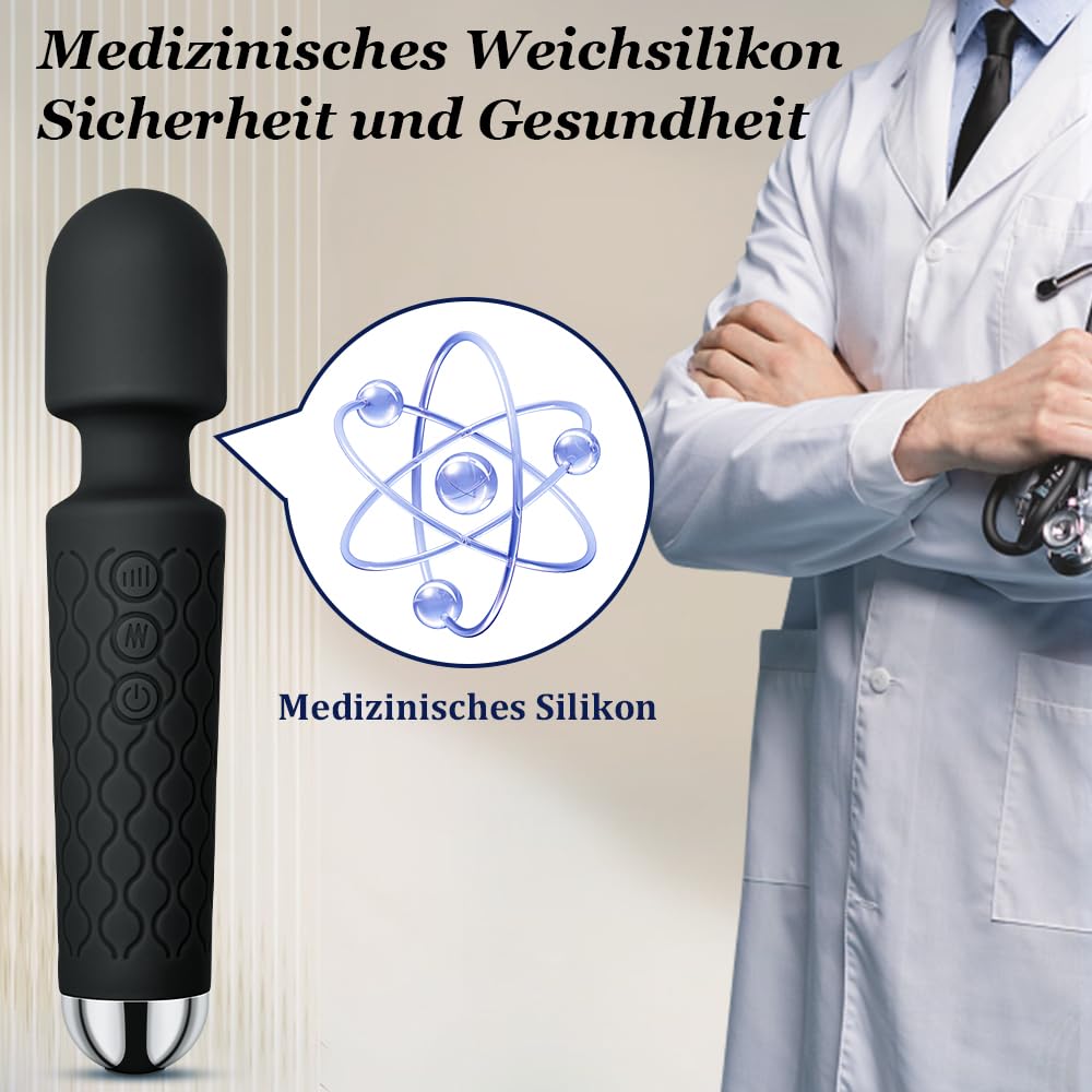 Vibration für Frauen Massagestab Massager Leises&Starkes,Elektrischer Handheld Kabelloses Handmassagegerät Stab-Massager aus Weiches Silikon, 20 Vibrationsmodi& 8 Geschwindigkeiten,Ganzkörper,Schwarz