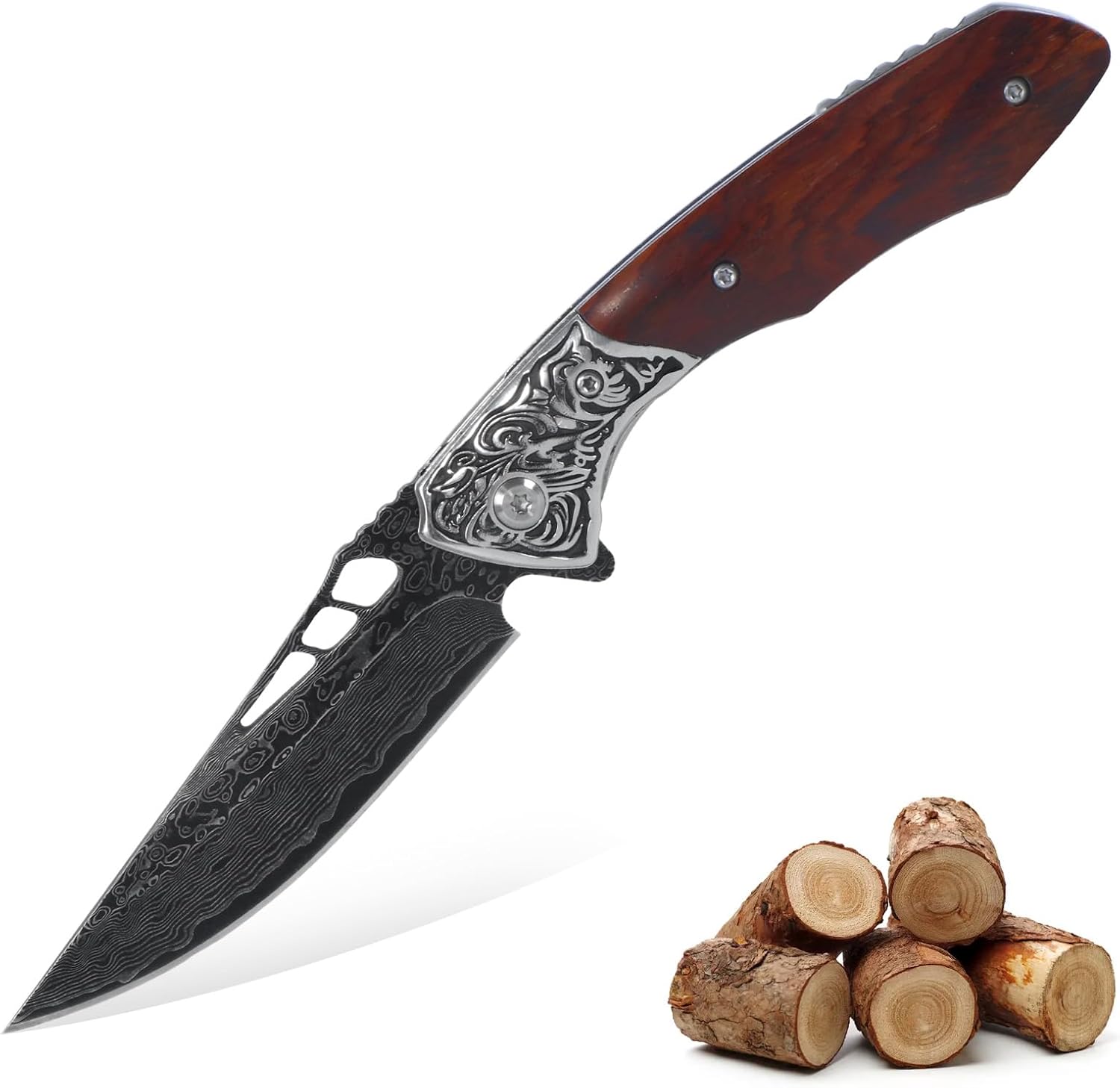 Damascus Folding Pocket Knife - VG10 Steel Blade, Rosewood Handle, 3.35" Lockback EDC Knife for Outdoor, Camping & Survival