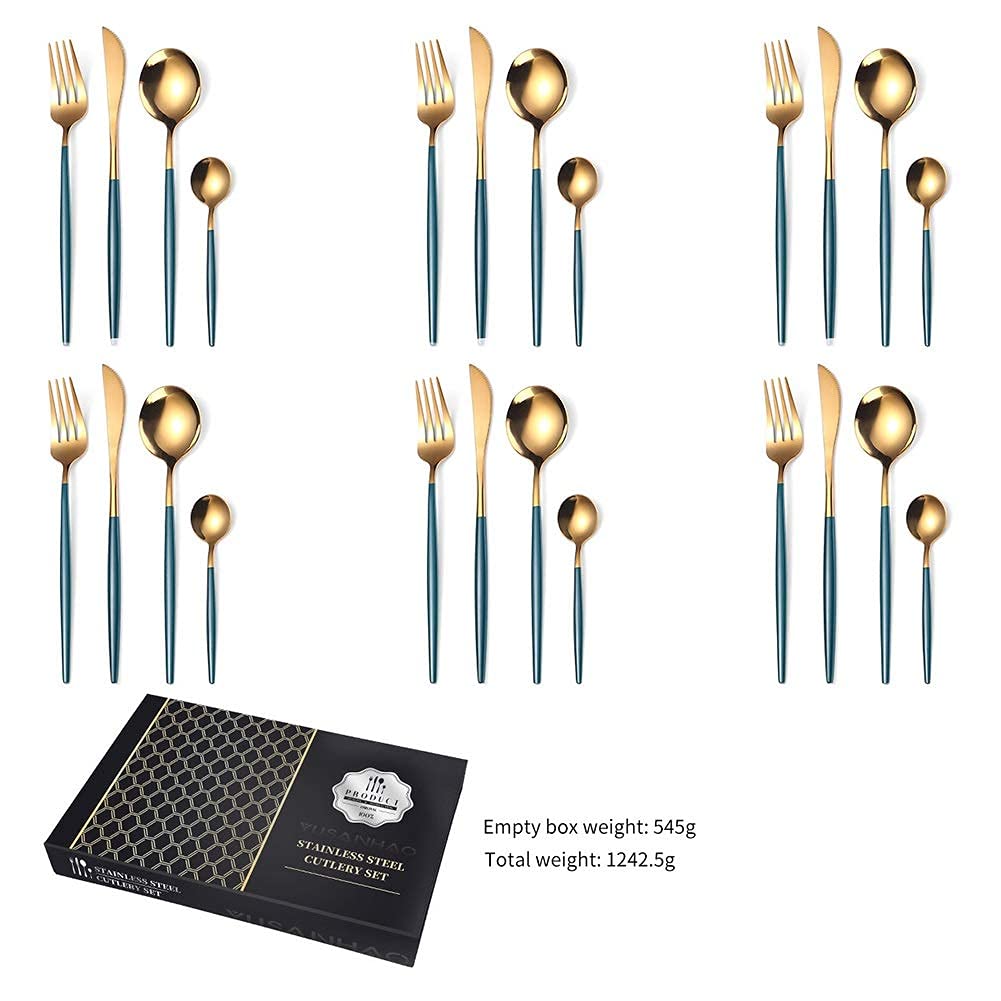 Ménagère 24 pièces, Vaisselle en Acier Inoxydable Comprenant Couteaux/cuillères/fourchettes, Lavable au Lave-Vaisselle avec boîte de Rangement Noire (Vert foncé)