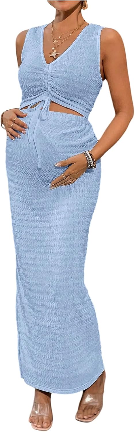 Milumia Women's Maternity 2 Piece Outfits Textured Drawstring Tie Knot Tank Top Bodycon Maxi Skirt Sets