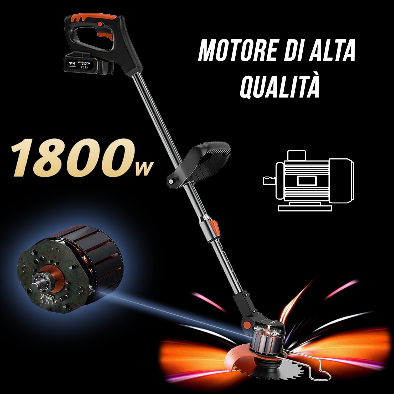Bricozone Decespugliatore A Batteria con Manico Telescopico Regolabile Testa Rotante A 90° 2 Batterie in Litio 2000mAh Senza Fumi Accessori Inclusi Guanti Occhiali Lame in Acciaio Plastica E Forbice