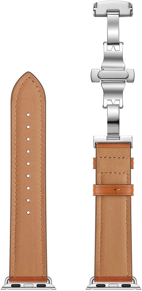 AISPORTS Compatible for Apple Watch Band 42mm 41mm 40mm 38mm Leather, Soft Breathable Leather Wristband Metal Butterfly Buckle Bracelet Replacement Band for Apple Watch Series 10/9/8/7/6/5/4/3/2/1/SE