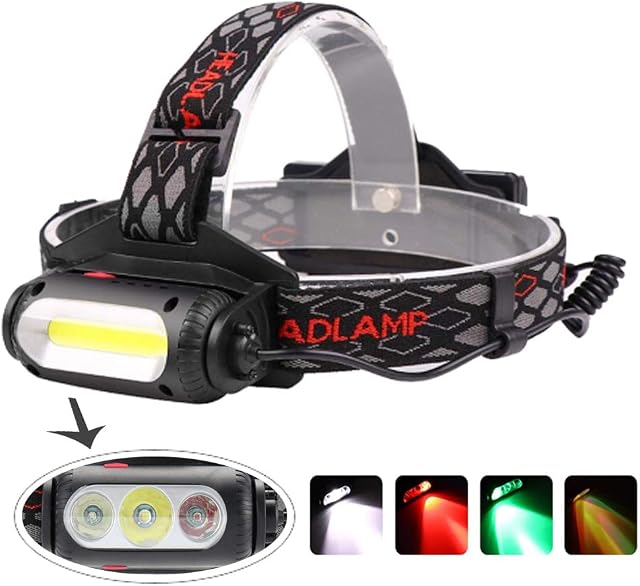 BESTSUN LED Head Torch Rechargeable, 1000 Lumens COB Headlight with White/Green/Red Light Head Torches LED Super Bright Multifunctional Outdoor Headlamp for Camping Fishing Hiking