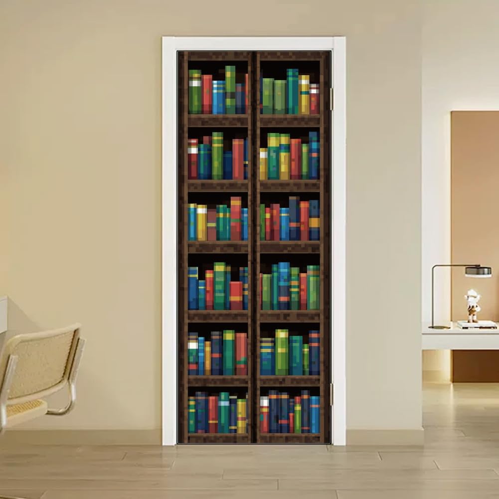arricraft 2 Sheets Self-Adhesive Door Sticker, 80cmx200cm/31.5x78.7inch Pixel Mosaic Bookcase Pattern Door Murals Stickers PVC Removable Wallpaper Decoration for Bedrooms ​Living Room