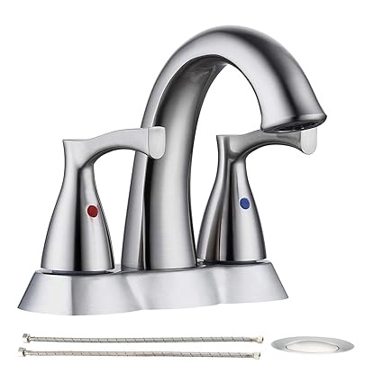 PROOX Bathroom Faucet, 4-Inch Faucet with Pop Up Sink Drain and Water Hoses, 3 Holes 2 Handle CUPC Faucet Centerset Design Bathroom Faucet Brushed Nickel