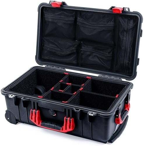 Black Pelican 1510 case with Red Handles and Latches. Comes with Trekpak Divider System and mesh lid Organizer.