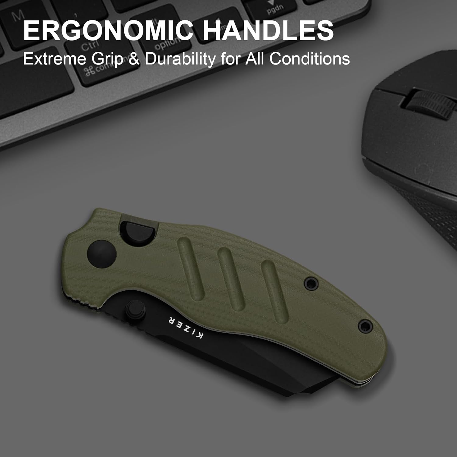 Kizer C01C 275 Sheepdog Pocket Knife, 2.75" D2 Blade Folding Knife, Button Liner Lock, Thumb Stud Opener, Green G10 Handle, Small EDC Knives for Camping Survival, V3488.27M3