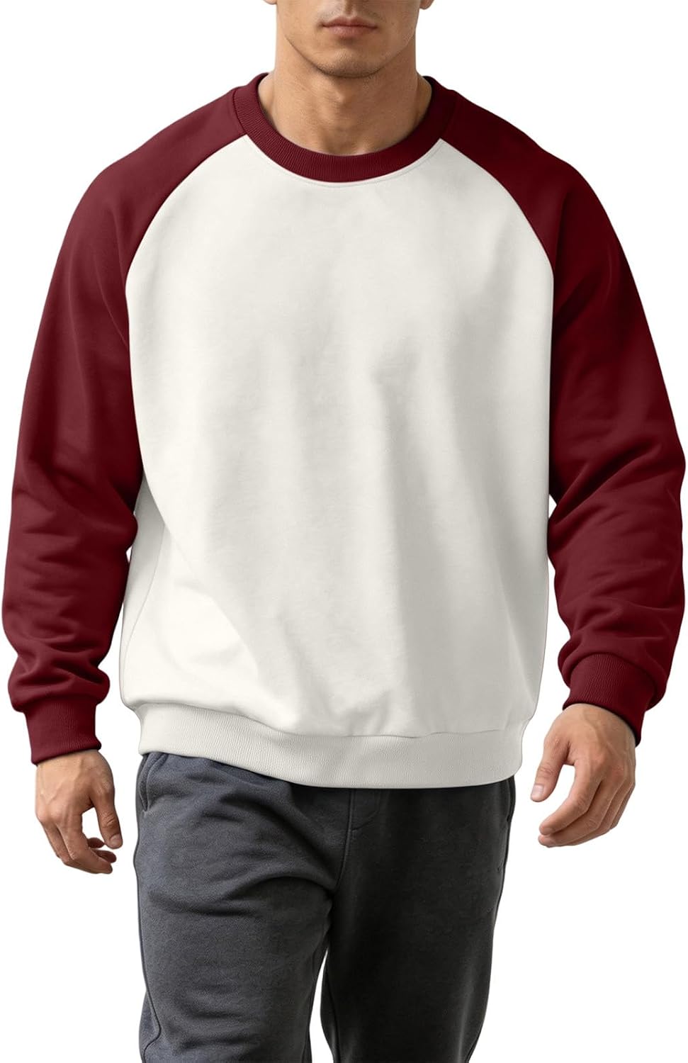 Men's Raglan Long‑Sleeve Crew Neck Pullover Color‑Block Casual Top