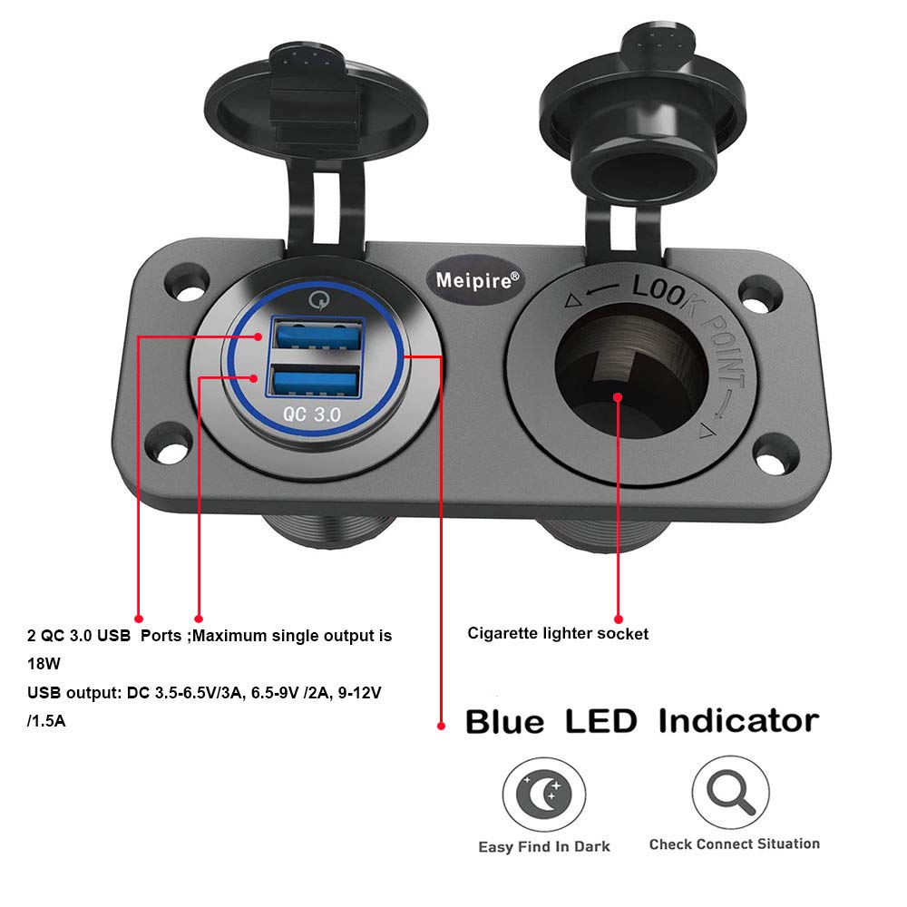 Meipire Splitter Accendisigari 12V-24V Dual USB QC 3.0 | Pannello Con Voltmetro LED E Interruttore Per Auto, Moto, Camper - 3