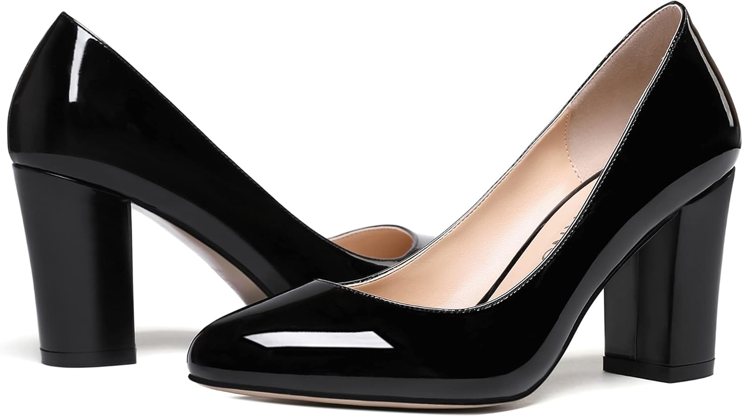 WAYDERNS Women's Slip On Solid Thick Round Toe Patent Block High Heel Pumps Shoes 3 Inch