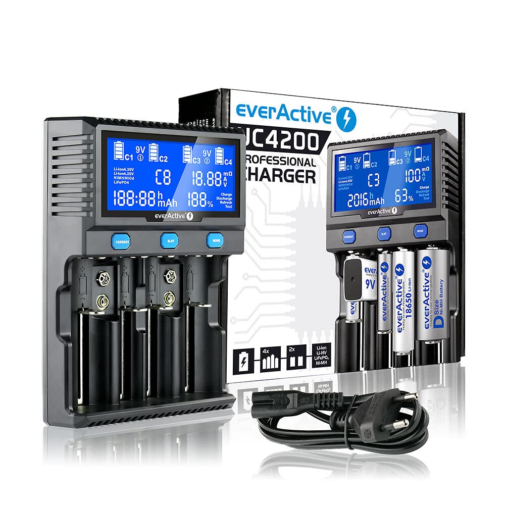 everActive - Cargador de 4 Cilindros (Ion de Litio y NI-MH, Profesional rápido y Universal, Pantalla LCD, Prueba de Capacidad, Modelo UC4200