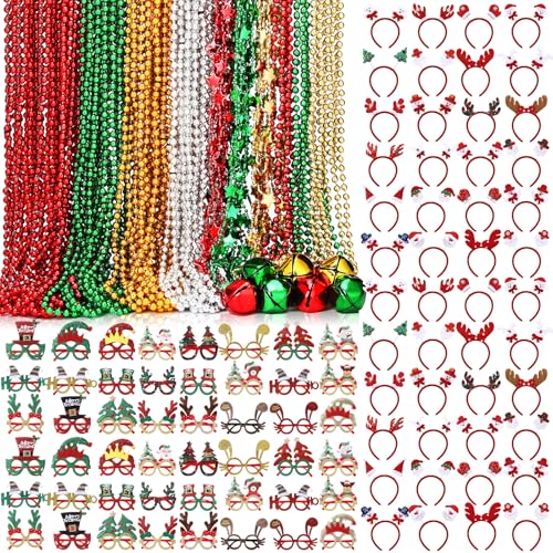 Glitinsel 120 Pcs Christmas Party Favors Bulk Christmas Bead Star Necklaces Jingle Bell Necklaces Santa Xmas Tree Snowman Elk Headbands Glitter Glasses Frame for Xmas Costume (Classic)