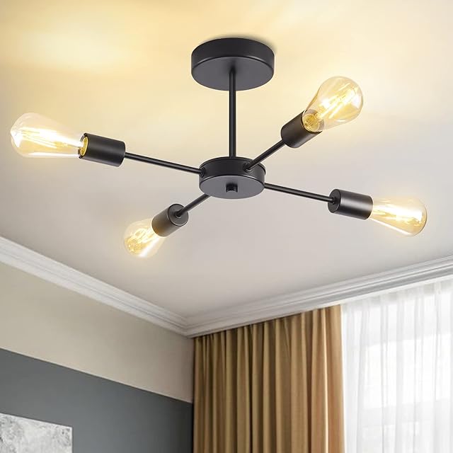 ANWIO Matte Black Sputnik Chandeliers 4 Lights, Semi Flush Mount Ceiling Light with E27 Base ,Industrial Chandelier,Pendant Lighting for Bedroom,Dining ,Living Room,Kitchen(Bulbs not Included)