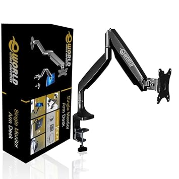 e World Single Monitor Arm Desk Mount | Gas Spring Monitor Arm | Full Motion Articulating Height Adjustable | Fits 21 22 23 24 27 30 32 Inch VESA Compatible Computer Screen | Clamp and Grommet Base.