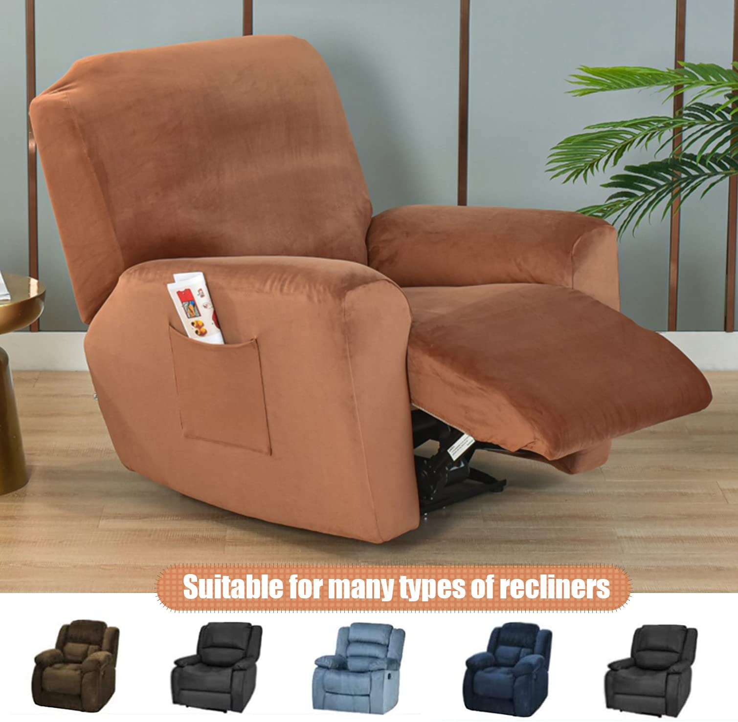 YOPOIY 1 2 3 Posti Velluto Copripoltrona Relax Reclinabile Massaggio Elastico in Stile Diviso Fodera Poltrona Tinta Unita Moderna Coprisedile Poltrona Spessa Morbida-Taupe-1 posto (4 pezzi