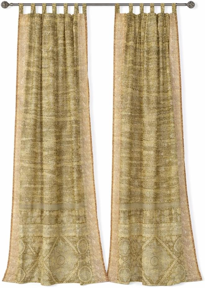 Light-Filtering Sari Colorful Curtains – Boho Curtains, Bed Canopy Panel, Wall Tapestry or Window Treatment For Bedroom or Living room + Tote bag (84"L x 42"W Set of 2, Olive Greens)