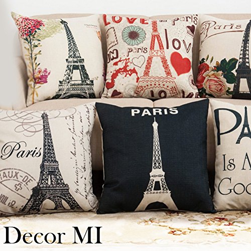 Decor Mi Colourful Love Paris Pattern Cotton Square Throw Pillow Case Decorative Durable Cushion Slipcover Home Decor Standard Size Pillowcase Slip Cover 18X18 Inch #TOP2