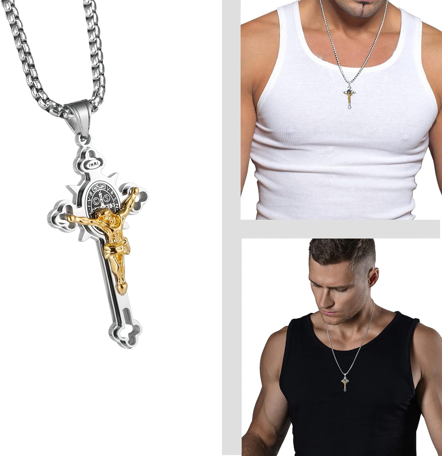 MERTTURM Cross Necklace for Men, Stainless Steel Jewellery, Cross Pendant with 60 cm Chain, Silver Black and Gold (Non-Fading and Sweat-Proof)