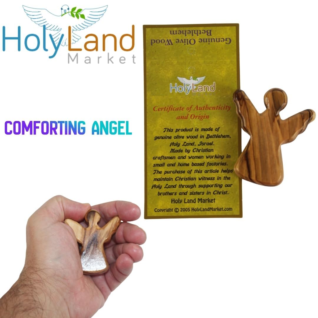 Holy Land Market Ange gardien en bois d'olivier sculpté à la main de Bethléem, figurine religieuse de 6,3 cm avec pochette en velours rouge et certificat d'authenticité (10 ensembles)
