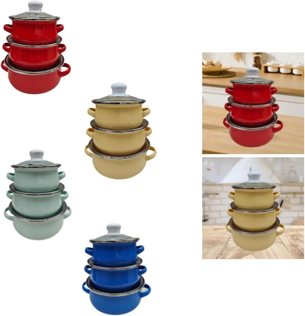 Baking 3 Pieces Enamel Stock Pots Cooking Pot with Lid Double Handle Enamel(Dark Blue)