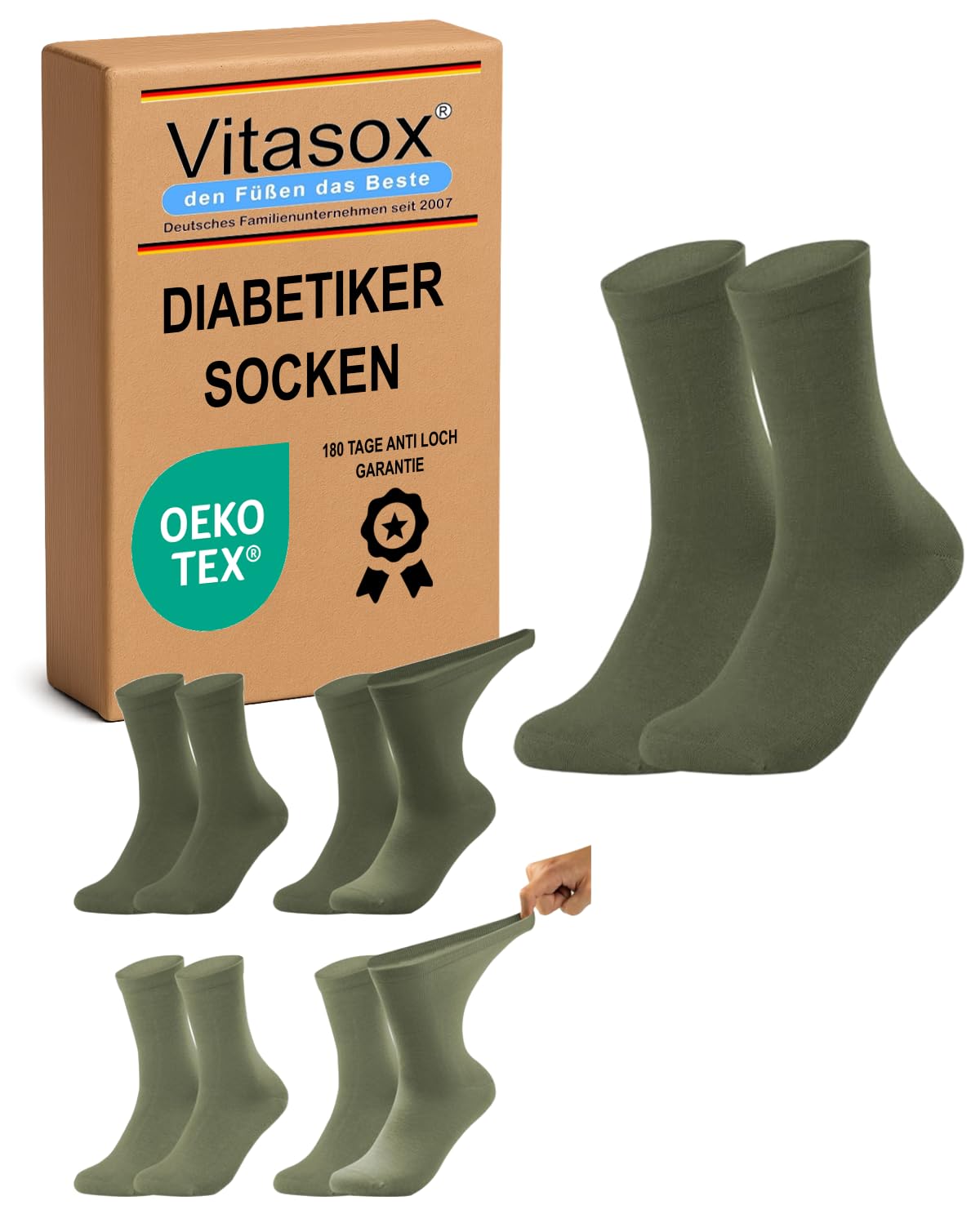 Vitasox Diabetikersocken für Herren, 4 Paar Olive 39/42, ohne Gummi & ohne Naht, extra weit, venenfreundliche Diabetiker Socken aus Baumwolle, Gesundheitssocken gegen Einschneiden & Drücken, 31118
