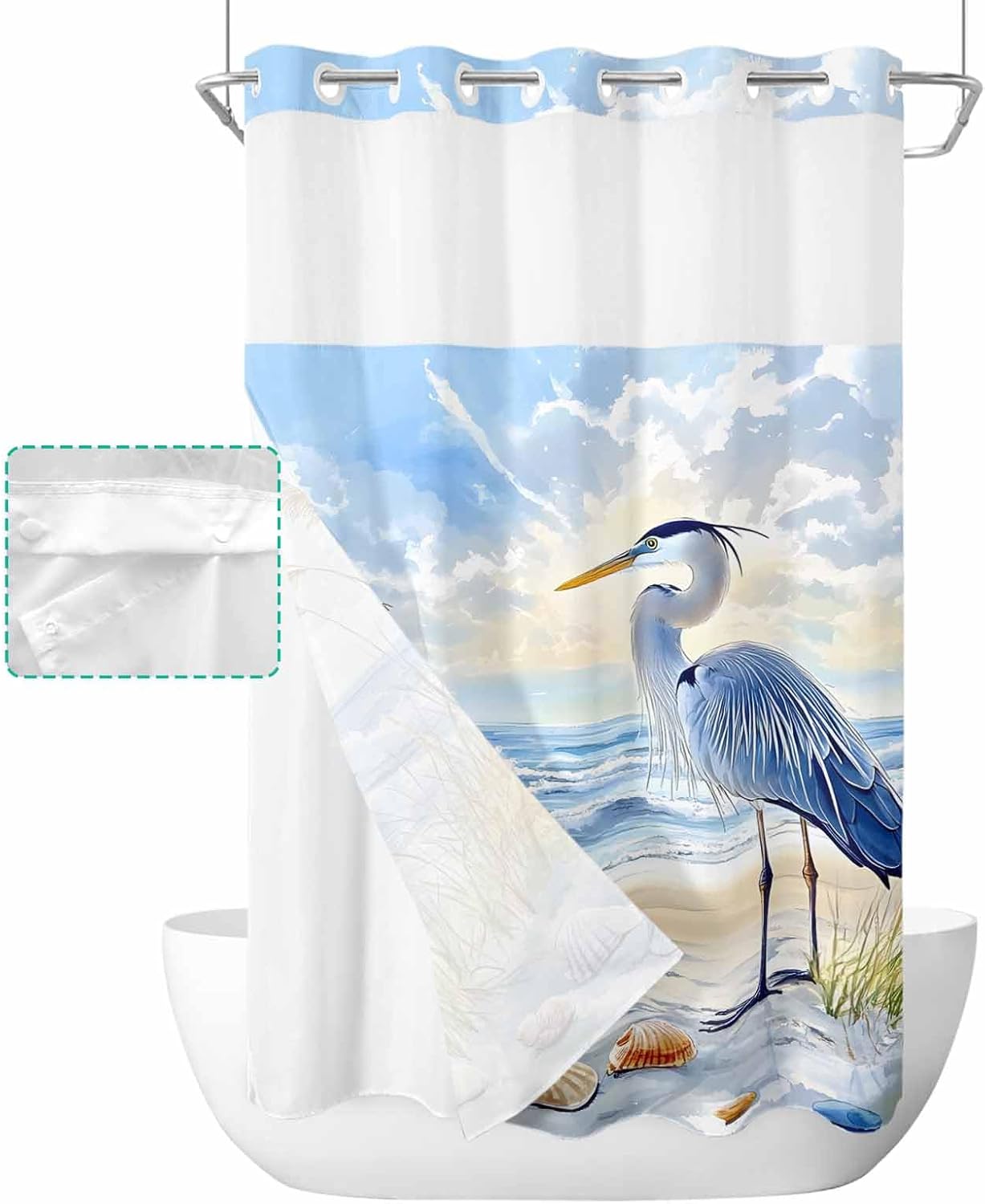 Shower Curtain with No Hooks Snap in Liner Set, Ocean Blue Seabird Beach Birds Cloud and Sky Farmhouse Bath Curtains See Through Sheer Top Window for Bathroom Hotel Style Decor,36"x72"