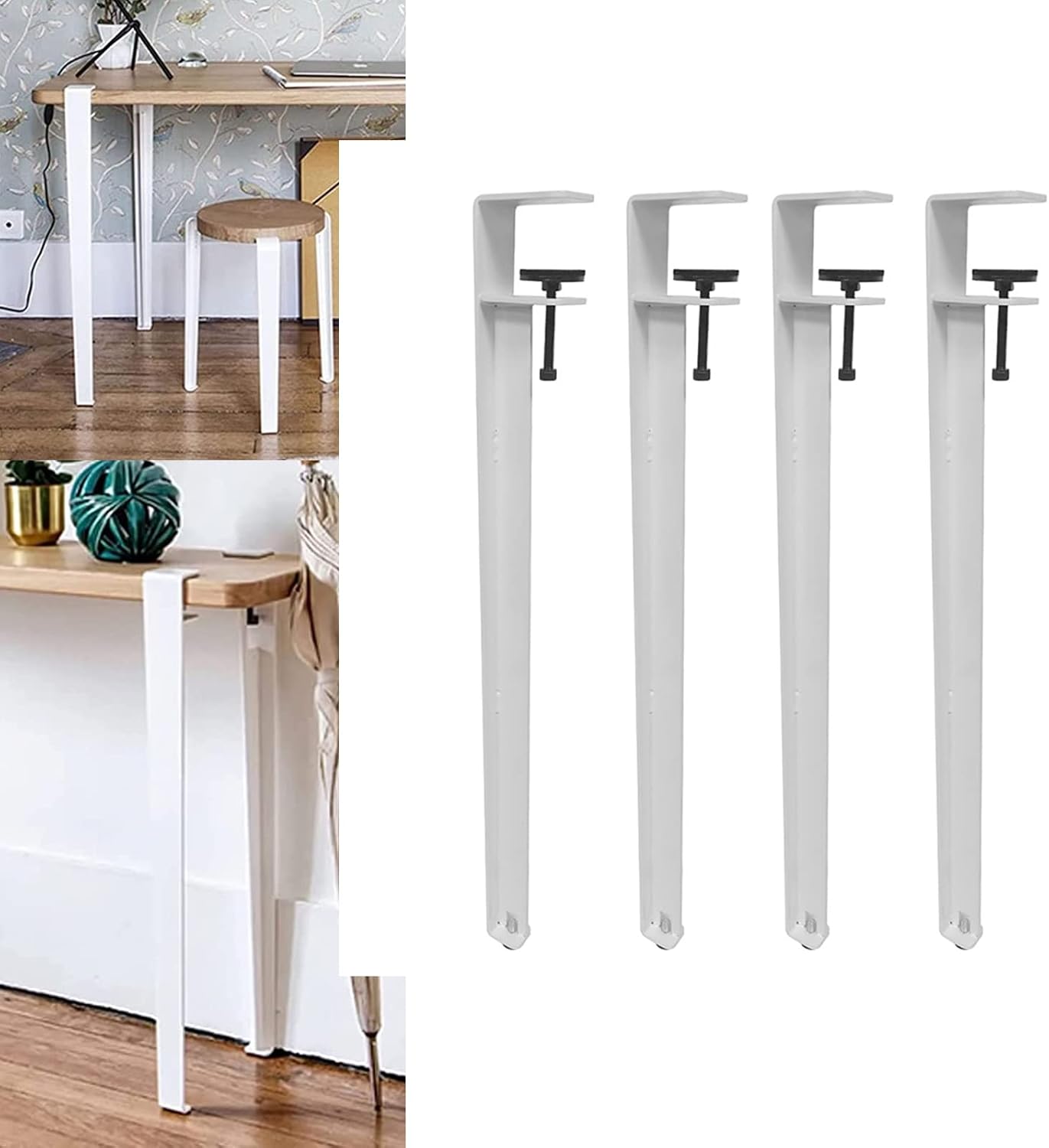 Table Clamp Legs, 28in Adjustable Metal Table Legs, 4pcs F-Shape Dining Desk Legs for DIY Coffee Table Furniture Console, No Punching Design to Protect The Desktop, with Floor Protectors(White, 4pcs)