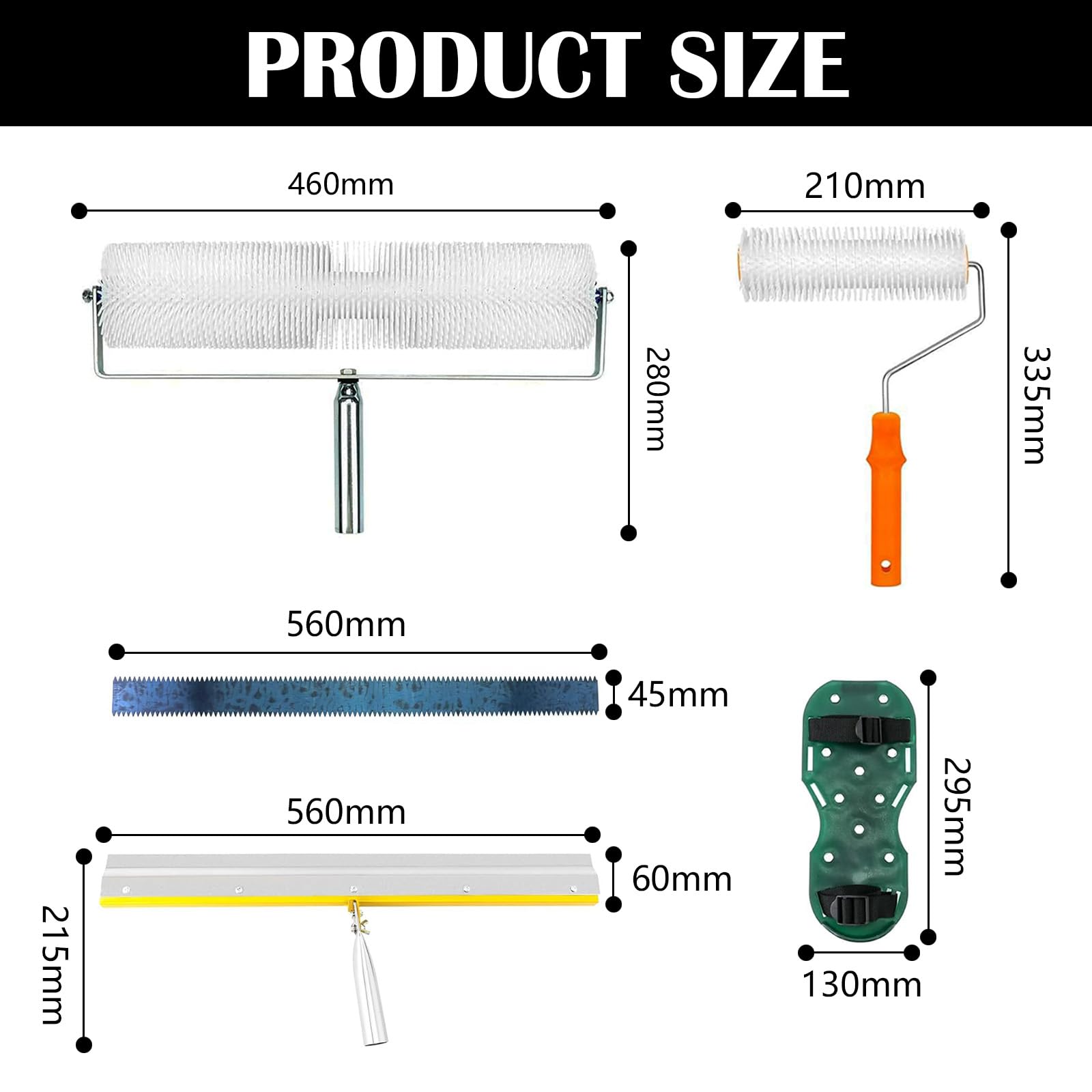Bodenbeschichtungs Set, Entlüftungsroller Set mit 2 Entlüftungswalze 23CM+48CM Stehrakel Großflächenrakel 56CM und Nagelschuhe Stachellänge 3CM für Ausgleichsmasse Boden Wand