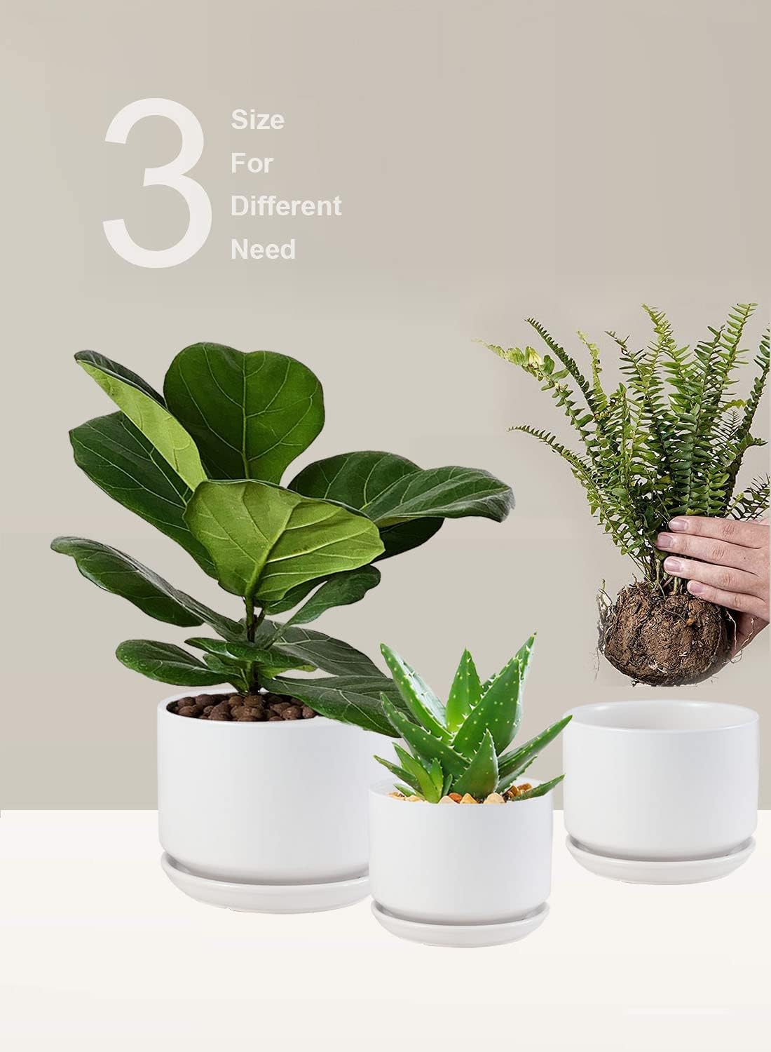 Ceramic Plant Pots with Drainage Hole and Saucer,Modern Indoor Pots for Plants,Ceramic Planter 4.3/5.3/6.7 inchs Set of 3,Indoor Flower Pot with Hole Mesh Pad, for Mom,White