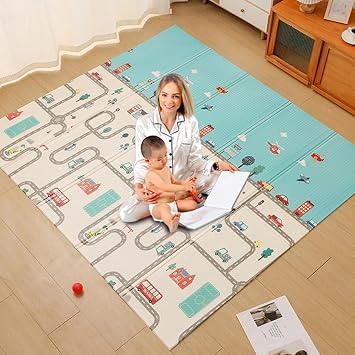Baby Play Mat for Floor 79 x 71" Reversible Foldable Foam Extra Large Thick Foam Playmat Babies Waterproof Crawling Mat for Infants Toddlers and Kids Indoor Outdoor Use Car and Animals