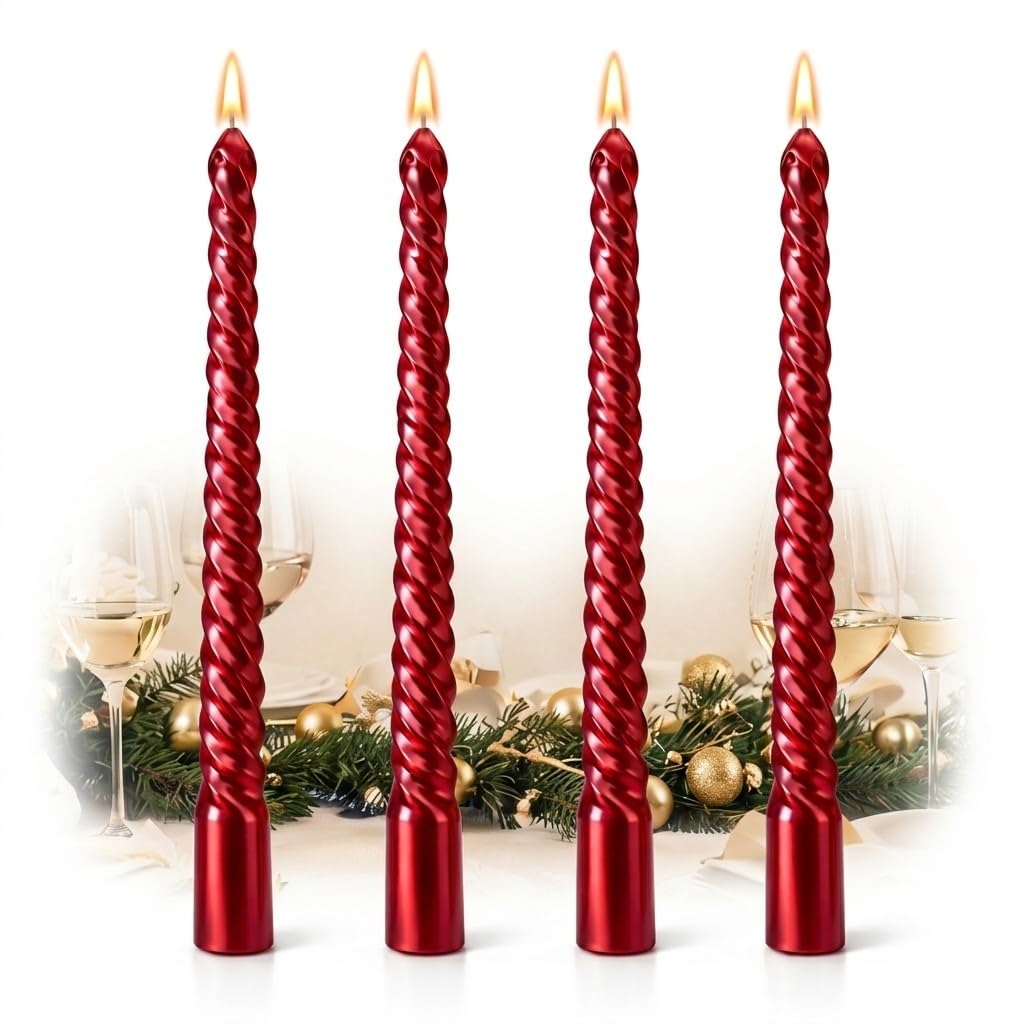 Red Twisted Spiral Taper Candles Glossy Finish 10 Inch Long - Pack of 4 for Table Decor Wedding Birthday Party Christmas Celebration and Gift Set, Elegant European Design with Rich Metallic Sheen,