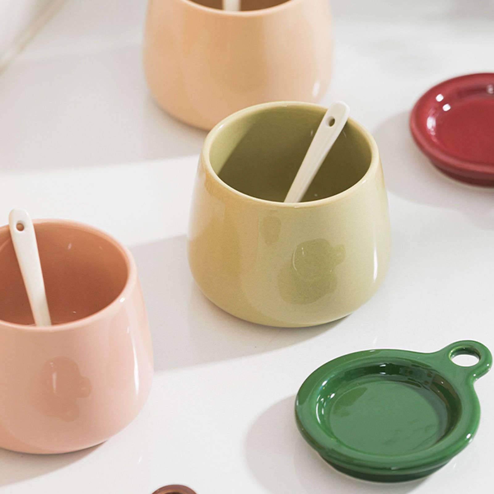Keramik Zucker Teller Zucker, Zuckerdose in Macaron-Farbe mit Deckel und Löffel, Zuckerdose aus Keramik mit Deckelloch, 230 ml/8 oz Gewürzdose aus Porzellan, Salzdose, Gewürzbehälter(Khaki)
