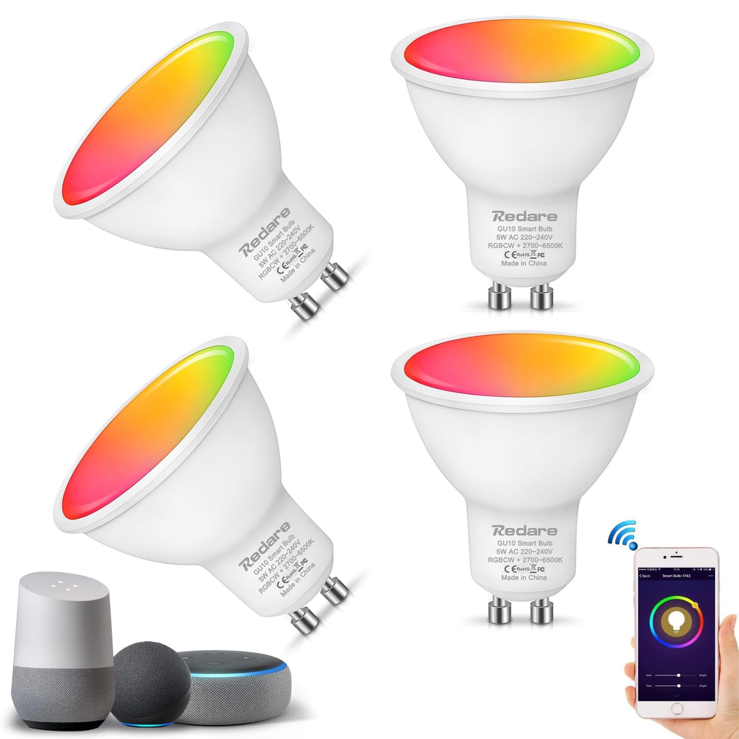 Redare Alexa GU10 Smart Bulb,Smart Spot Light Bulbs,5W WiFi LED Light Bulb Compatible with Alexa, Google Home,Dimmable RGBCW Color Changing,Cool Warm White,No Hub Required (WiFi GU10, 4 Pack)