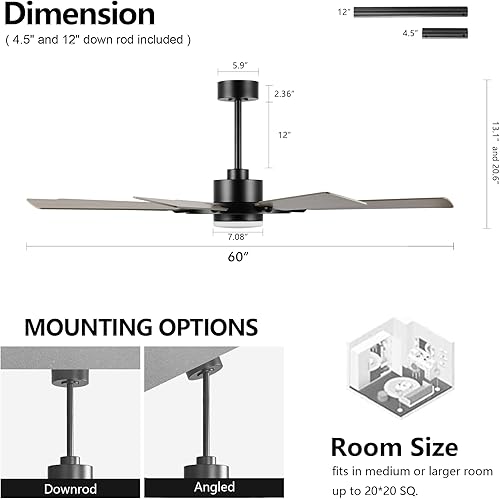 Miniatura 5 de ELEHINSER Ventilador de techo de 60 pulgadas con luces y control remoto, 8 cuchillas de madera contrachapada, motor CC reversible sin ruido de 6