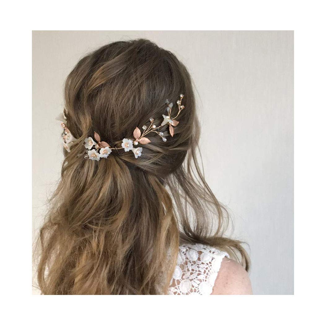 IYOU diadema nupcial con diseño de flores y perlas vides de pelo de hojas accesorios para el cabello de novia para mujeres y niñas (oro rosa)