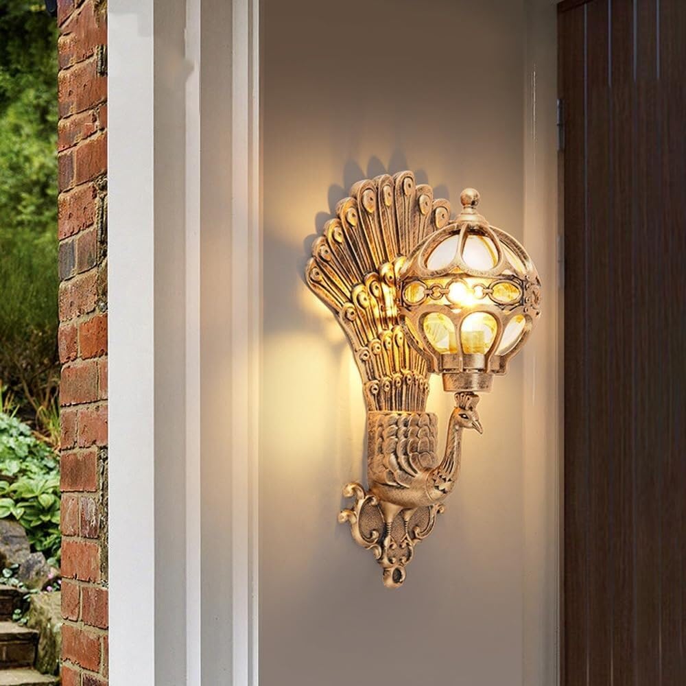 Farmhouse Large Outdoor Wall Lantern Waterproof Exterior Wall Light Peacock Mid Century Wall Sconce Mount Lamp with Spherical Glass for Villa Door Porch Garden Living Room Courtyard(Gold)