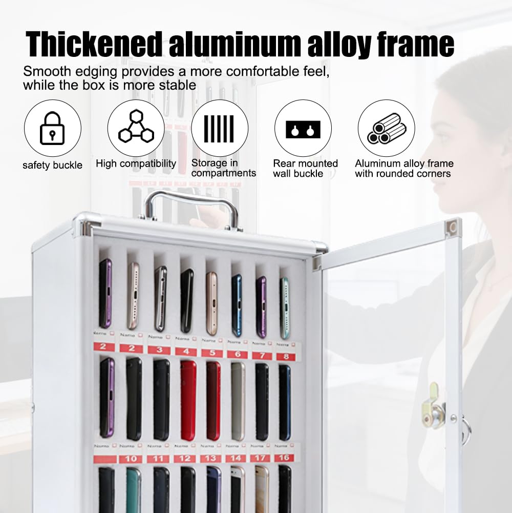 Armario de almacenamiento para teléfono móvil, 24 ranuras, caja de almacenamiento portátil, caja de teléfono móvil escolar con cerradura, aluminio para montaje en pared o escritorio, para aula