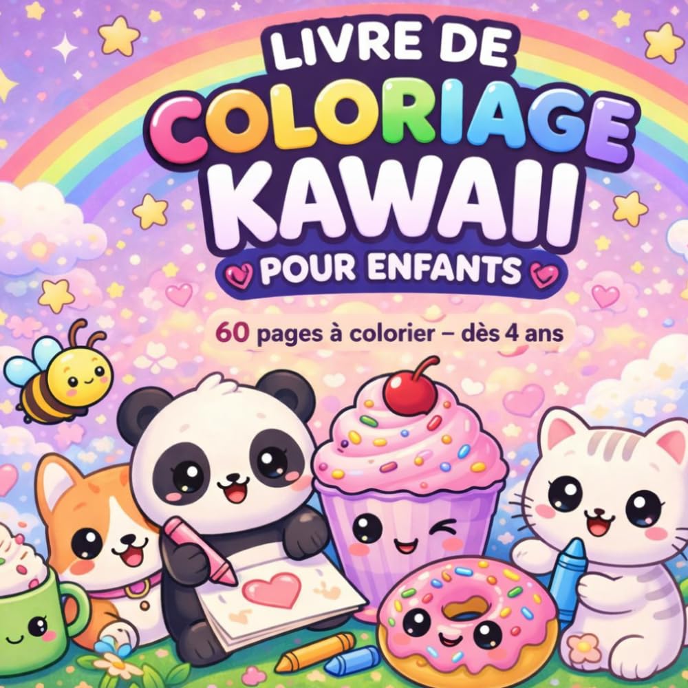Livre de coloriage kawaii pour enfants: 60 pages mignonnes et faciles à colorier – animaux, sucreries et scènes kawaii pour enfants dès 4 ans