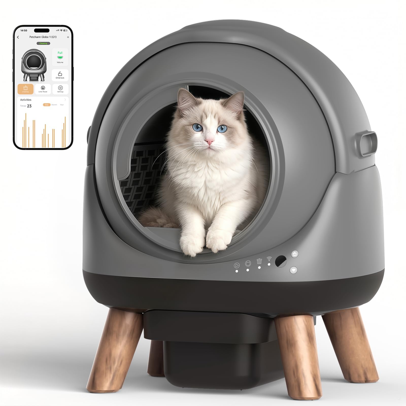 Petcharm Self Cleaning Litter Box for Multiple Cats, Automatic Litter Box with APP Control, 9-Sensor Safety Protection, 55L Interior & 8L Waste Bin, Quiet <30dB, Odor Control