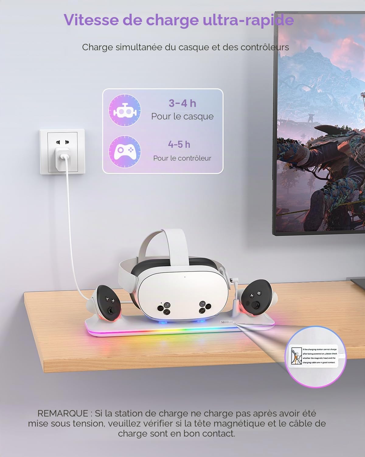 Station de charge magnétique Kinwin pour Meta Quest 3S/3, accessoires Oculus Quest 3S/3 avec lumière RVB, support de charge pour casque VR et contrôleur avec 2 piles rechargeables