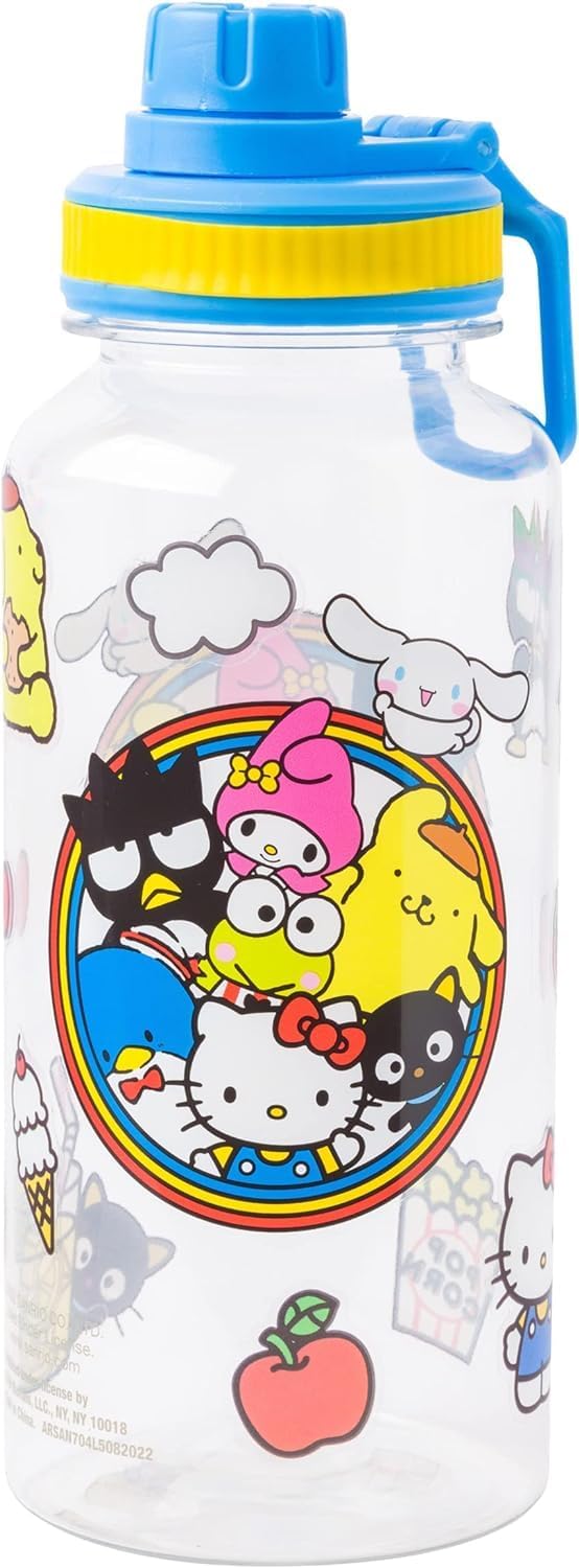 Silver Buffalo Sanrio Hello Kitty and Friends Featuring Badtz-Maru, Pompompurin, Keroppi, My Melody, Tuxedo Sam, Cinnamoroll, and Chococat Plastic Bottle with Sticker Set, 32 Ounces - Image 3