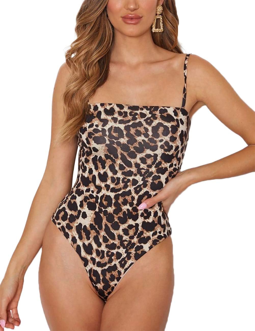 Queen.M Women's Sexy Bodysuit Leopard Spaghetti Strap Cami Leotard Top Sleeveless Bodycon Jumpsuit Onesie Romper - Image 2