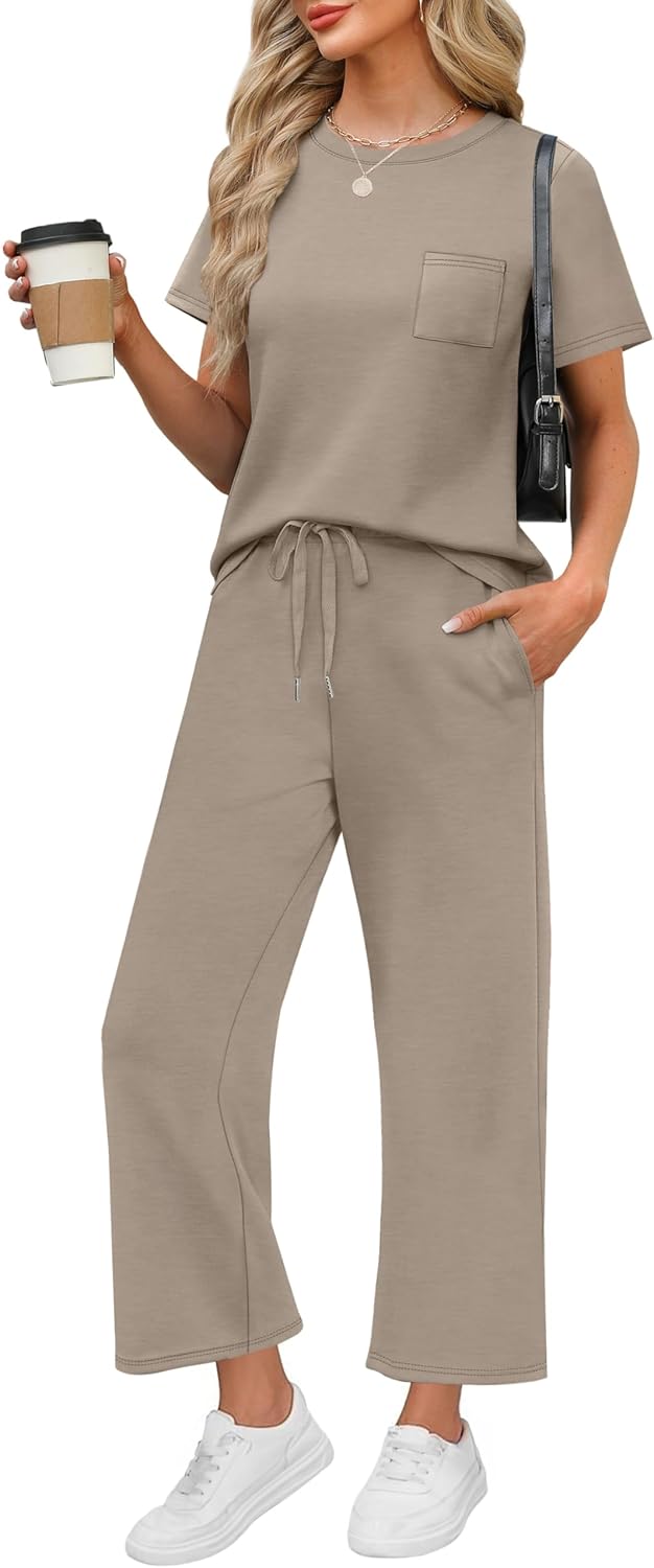 WIHOLL 2 Piece Sets for Women Casual Summer Travel Vacation Outfits Short Sleeve Wide Leg Crop Pants Lounge Sets with Pockets